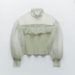 NWT Zara Light Green/Sage High Neck Organza Ribbed Mixed Knit Blouse Sweater S